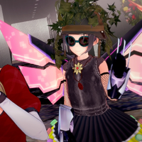 Sana's costume for Christmalloween - Cyber-Medieval-Military Girl with a Macaron Skirt, Swimming Goggles, and Claws